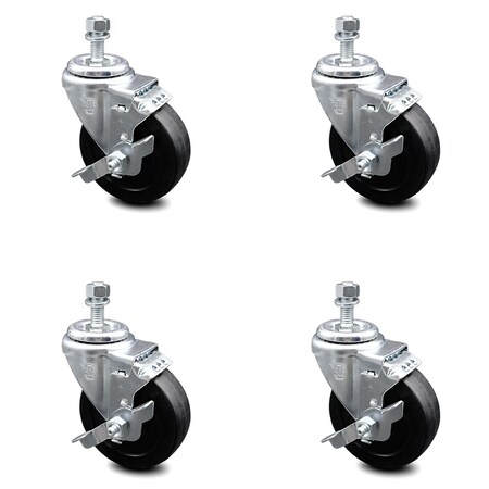 Service Caster 4 Inch Soft Rubber Wheel Swivel 3/8 Inch Threaded Stem Caster Set with Brake SCC SCC-TS20S414-SRS-TLB-381615-4